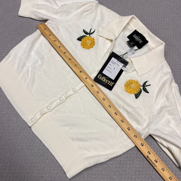 Collectif Cardigan Sweater Womens 8 White Flower Knit Collared Preppy Cropped - Picture 8 of 8